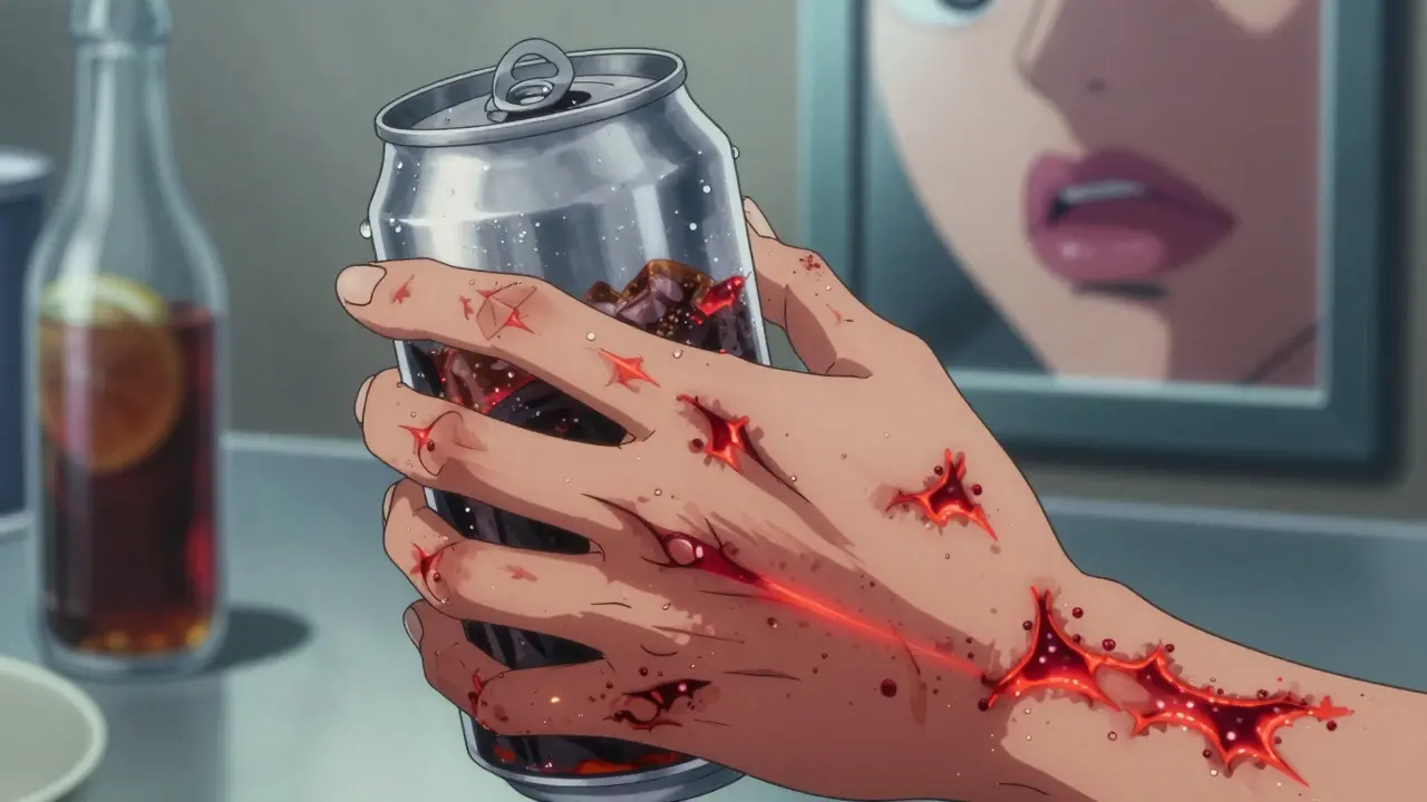 Hand developing raised red hives after gripping a cold soda can, condensation frozen in mid-air.