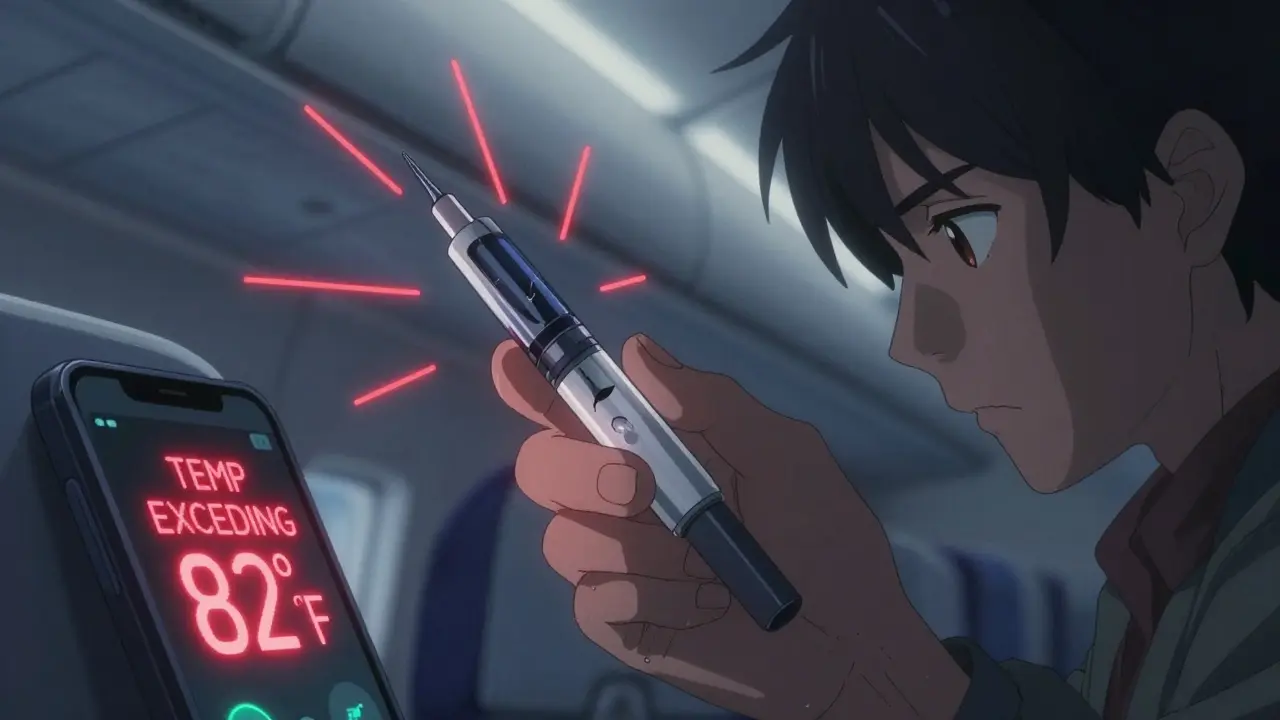 Insulin pen showing signs of damage with digital temperature alert glowing nearby.