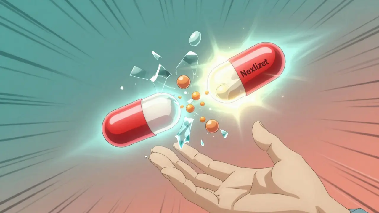 Nexlizet pill splitting into two components, shattering LDL molecules with radiant energy.