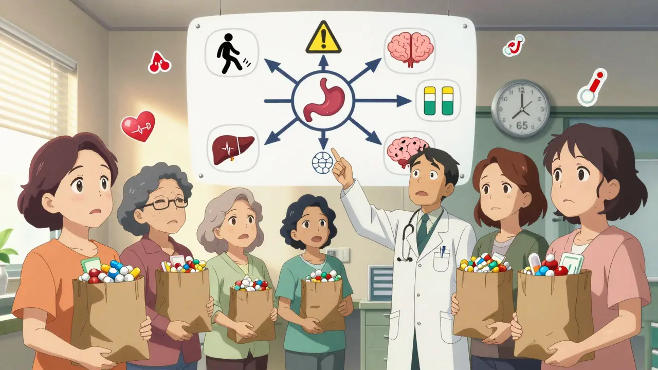 Older women in a clinic sharing brown bags of pills, with a floating medical flowchart showing drug risks and interactions.