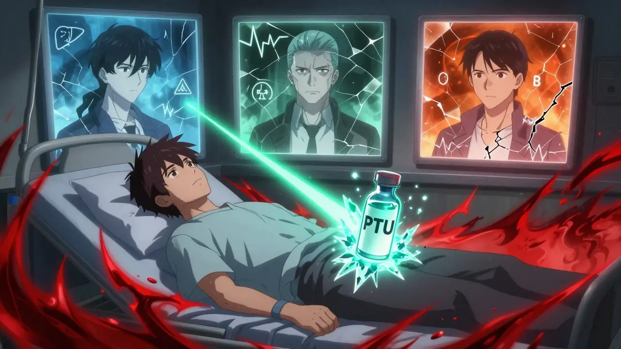 Patient in thyroid storm with PTU vial emitting green light to block hormone conversion, three futures reflected in shattered mirror.