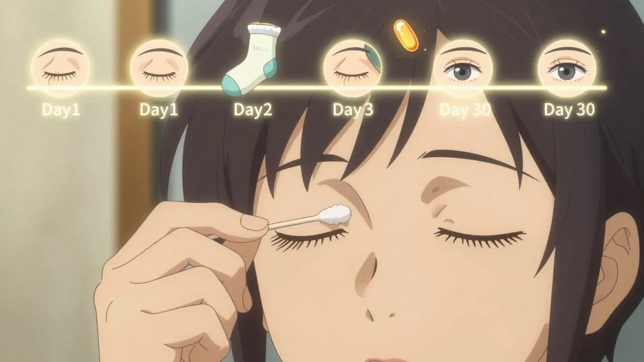Person gently massaging eyelid with cotton swab, timeline showing improvement from Day 1 to Day 30.