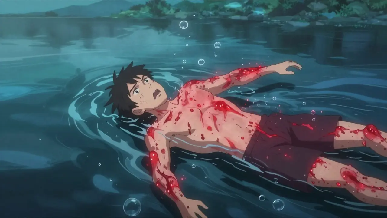 Person swimming in cold lake with spreading hives, face showing panic as water surrounds them.