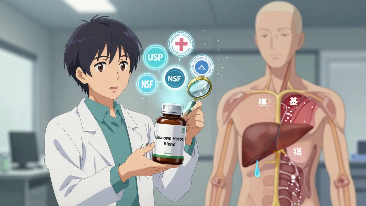 Pharmacist examining a supplement bottle with safety seals appearing as holograms, showing nutrient depletion in a patient's body.