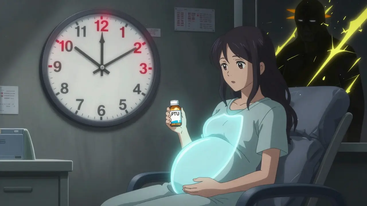 Pregnant woman taking PTU with a protective blue shield over her belly, clock showing weeks 1-12, danger signs fading in background.