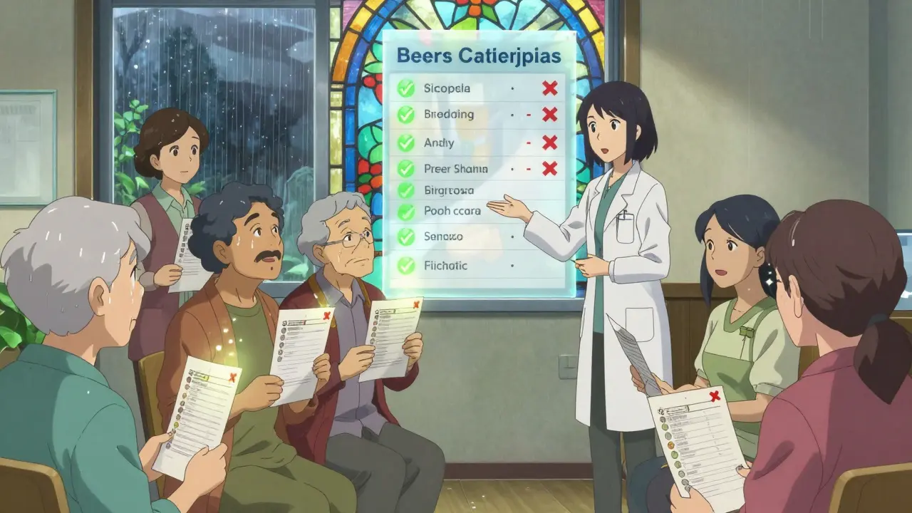 Seniors and caregivers in clinic with glowing medication review chart