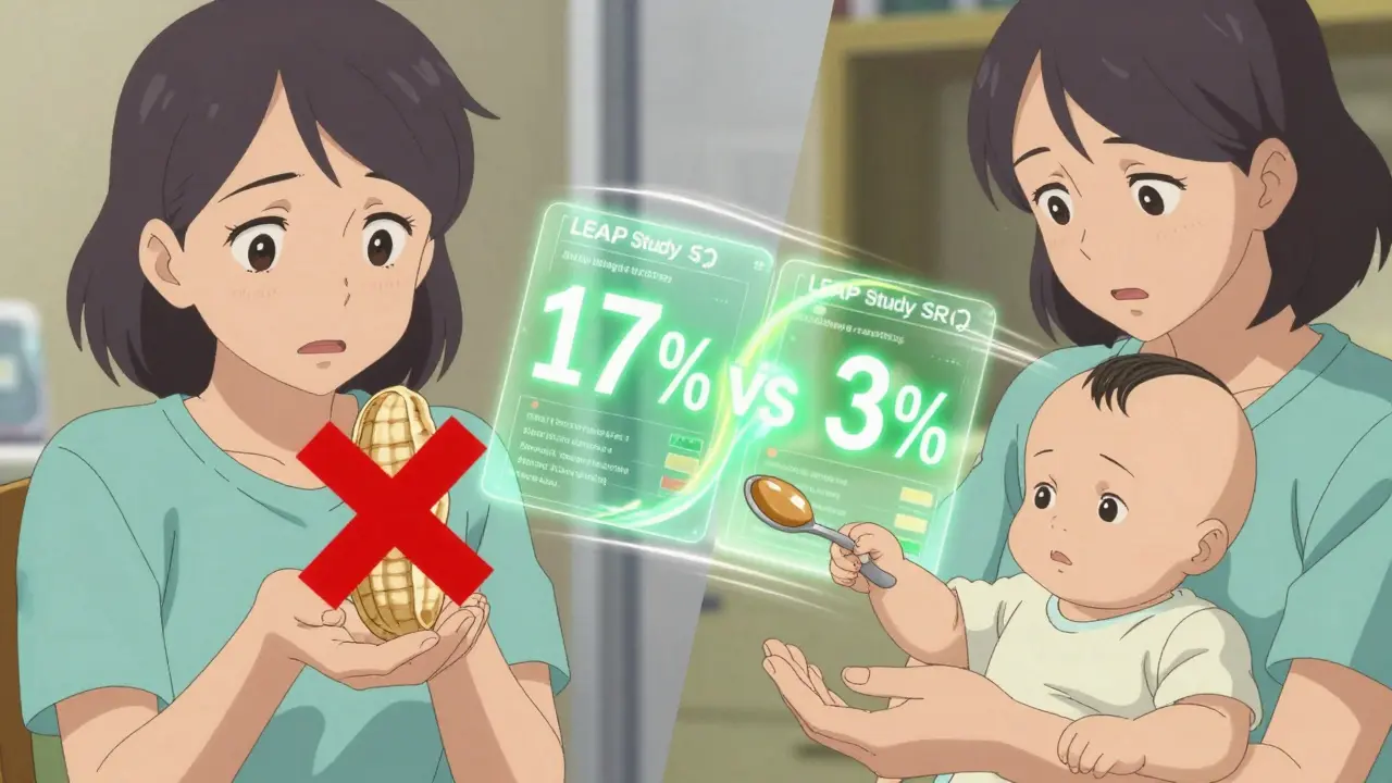Split image showing peanut avoidance vs. early introduction with data overlay