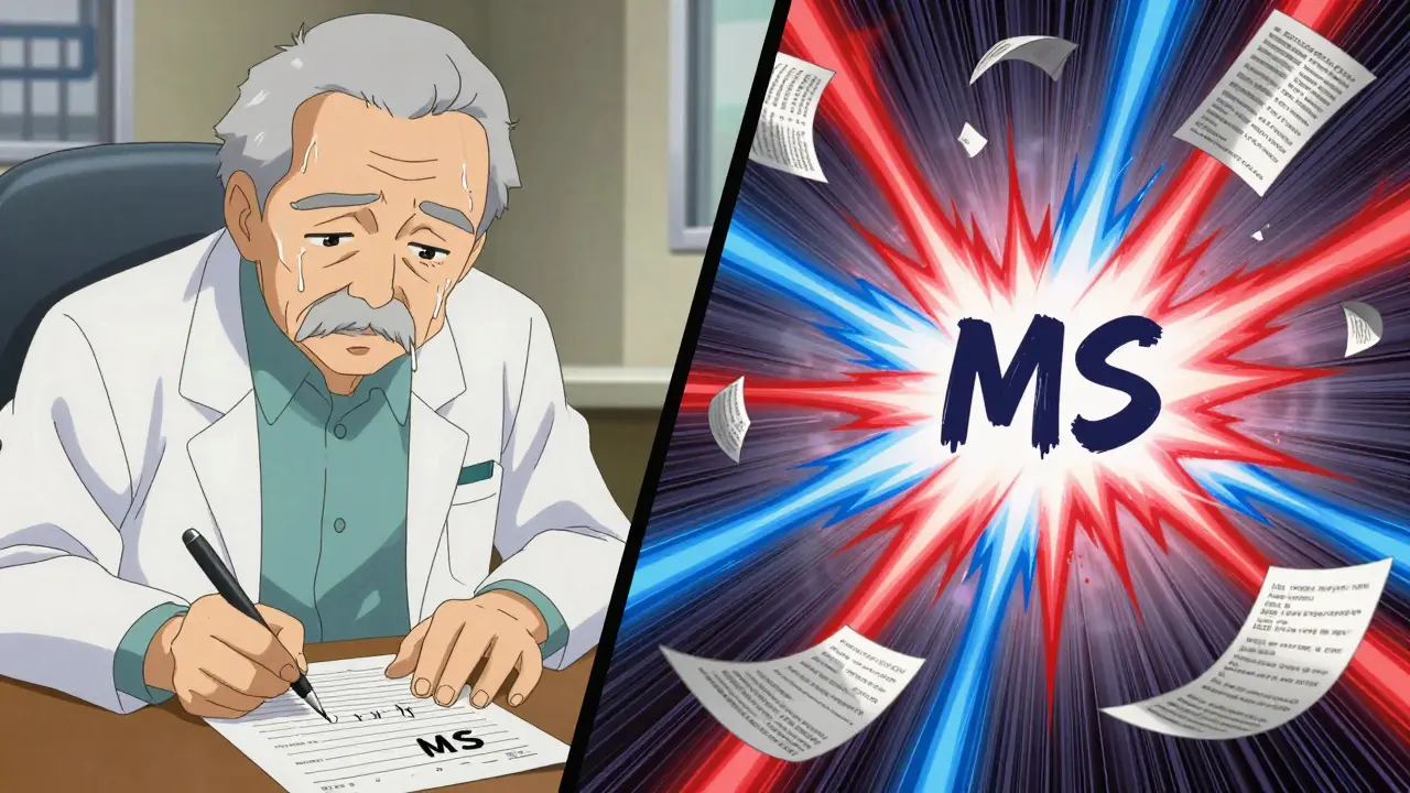 Split scene showing 'MS' on a prescription splitting into morphine sulfate and magnesium sulfate with contrasting red and blue energy effects.