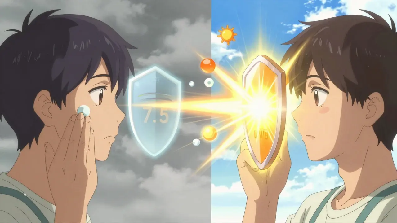 Split-screen comparison: inadequate vs. proper sunscreen application with glowing protection levels.