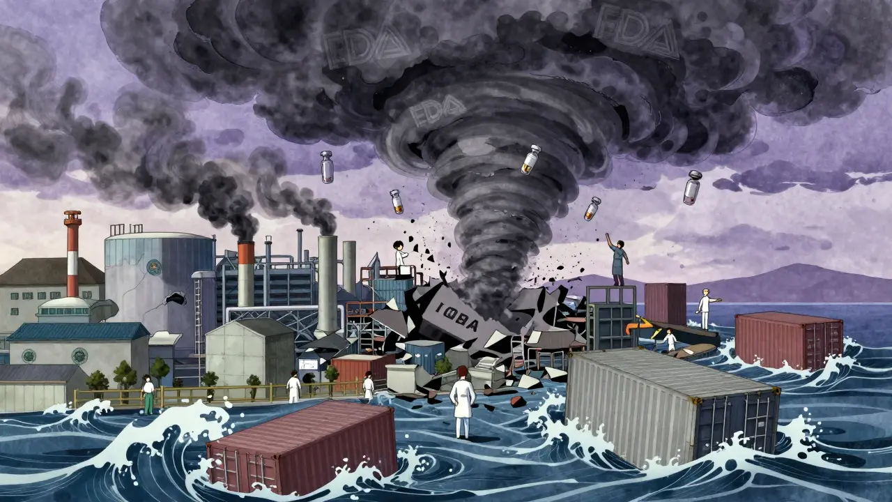 Surreal collage of global drug supply chain collapse—factories, storms, sinking ships—with floating medicine vials dissolving into dust.