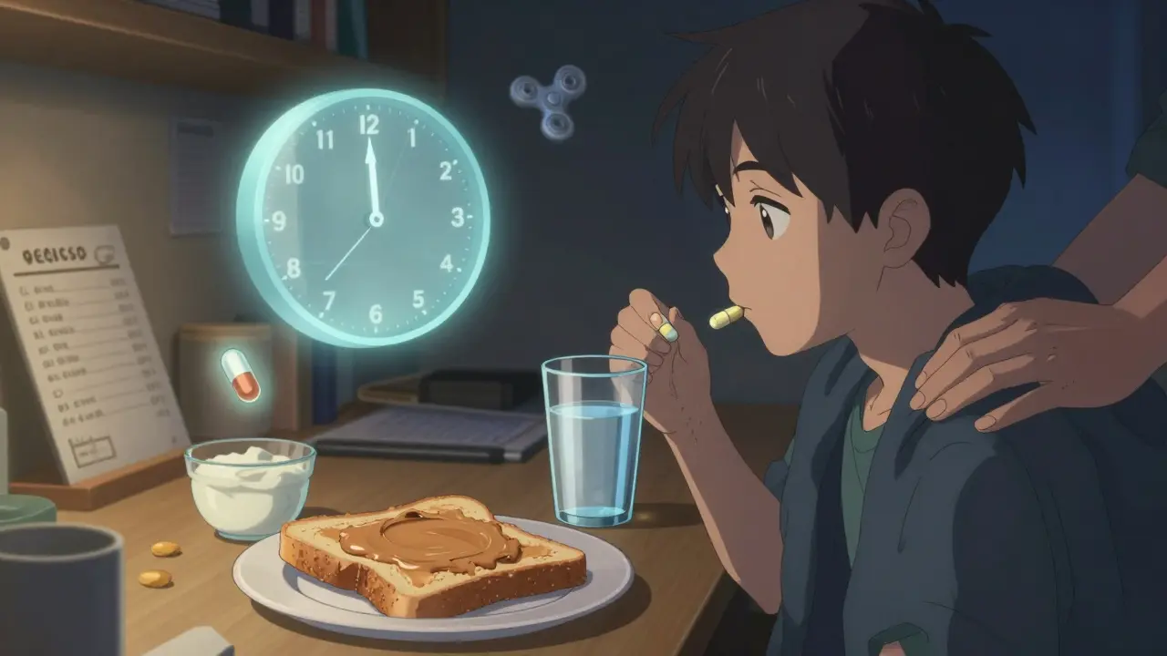 Teen taking ADHD medication with healthy snack, melatonin capsule, and fidget spinner beside them at night.