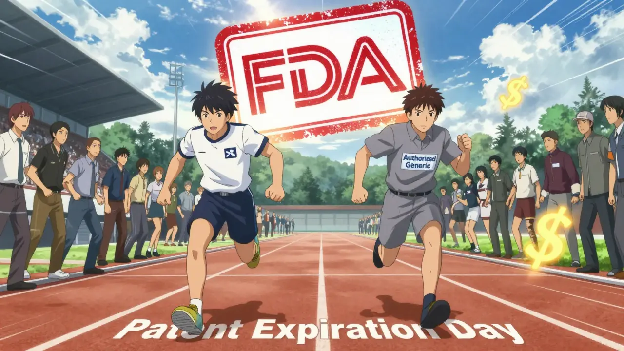 Two runners racing side by side on a track labeled 'Patent Expiration Day,' with generic competitors behind and a glowing FDA stamp above.