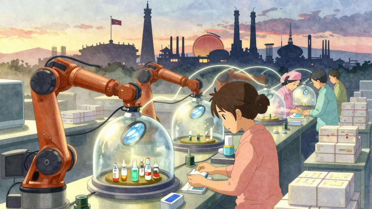 Vietnamese and Cambodian factories assembling medical components connected by light threads to larger Asian manufacturers.