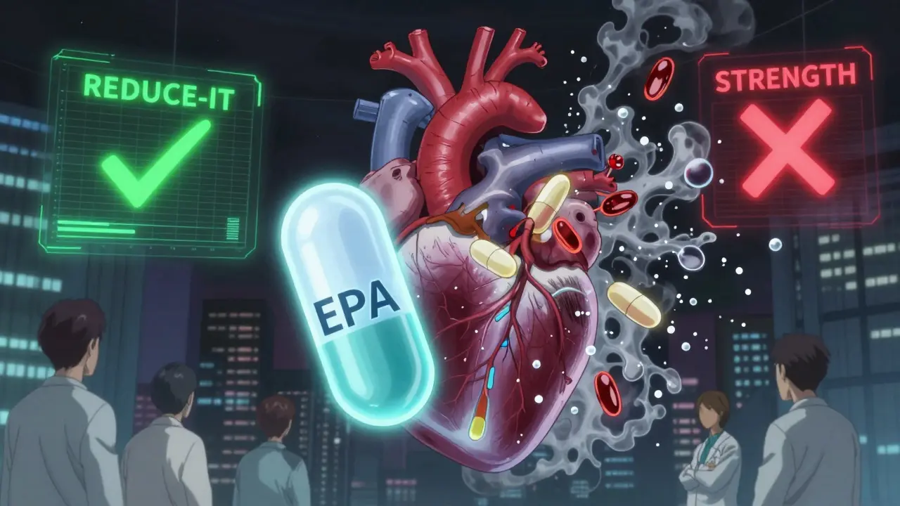 A glowing heart protected by an EPA capsule while generic fish oil pills dissolve into toxic smoke and mercury.