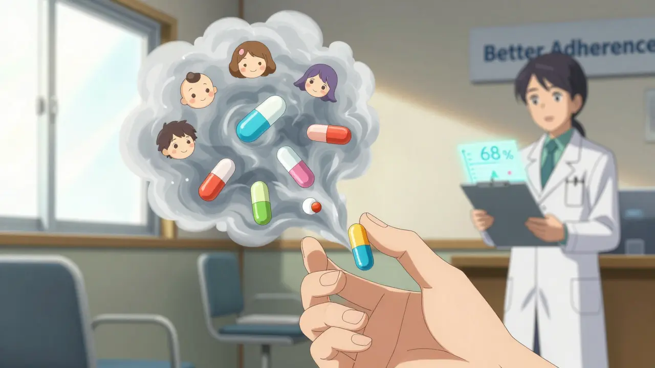A patient holding one combination pill as eight separate pills vanish into smoke, symbolizing improved adherence.