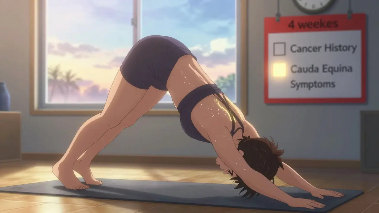 A person performs a bird-dog exercise at dawn, spine glowing softly, with red flag checklist visible in background.