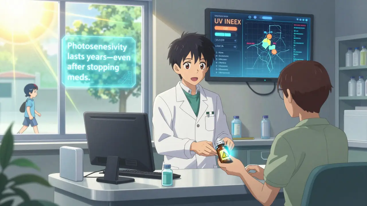 A pharmacist hands a patient a pill with a UVA warning icon, while a digital screen displays UV index and genetic risk data, with UVA rays penetrating glass behind them.