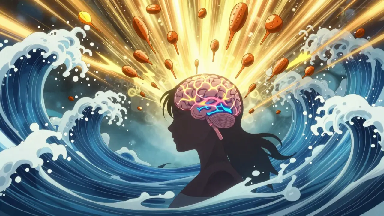 Abstract hormone particles rising and crashing around a woman's brain silhouette