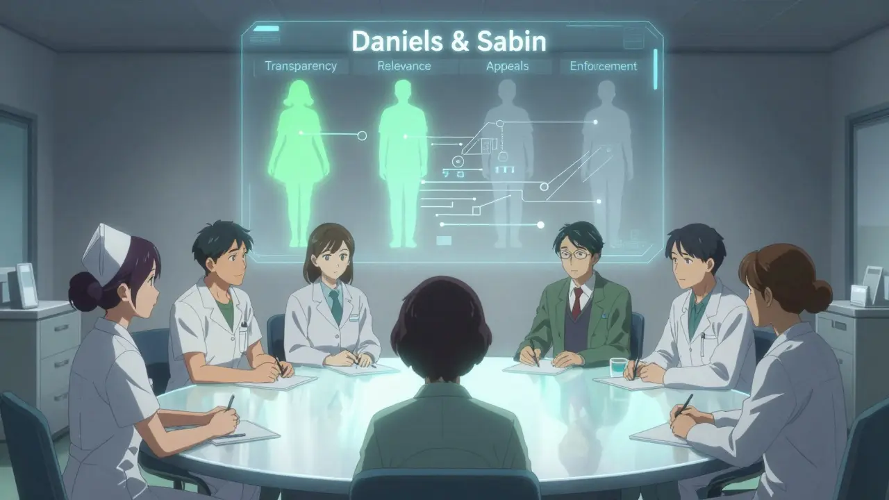 Diverse hospital committee gathered around a glowing table displaying ethical rationing principles as holograms.