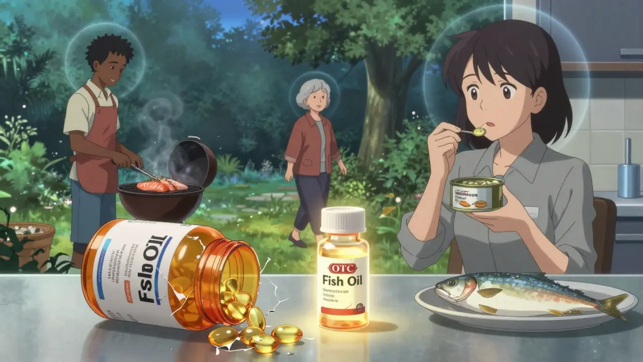 Diverse people enjoying fish and walking, with subtle omega-3 halos, while a broken OTC bottle lies shattered beside a prescription vial.
