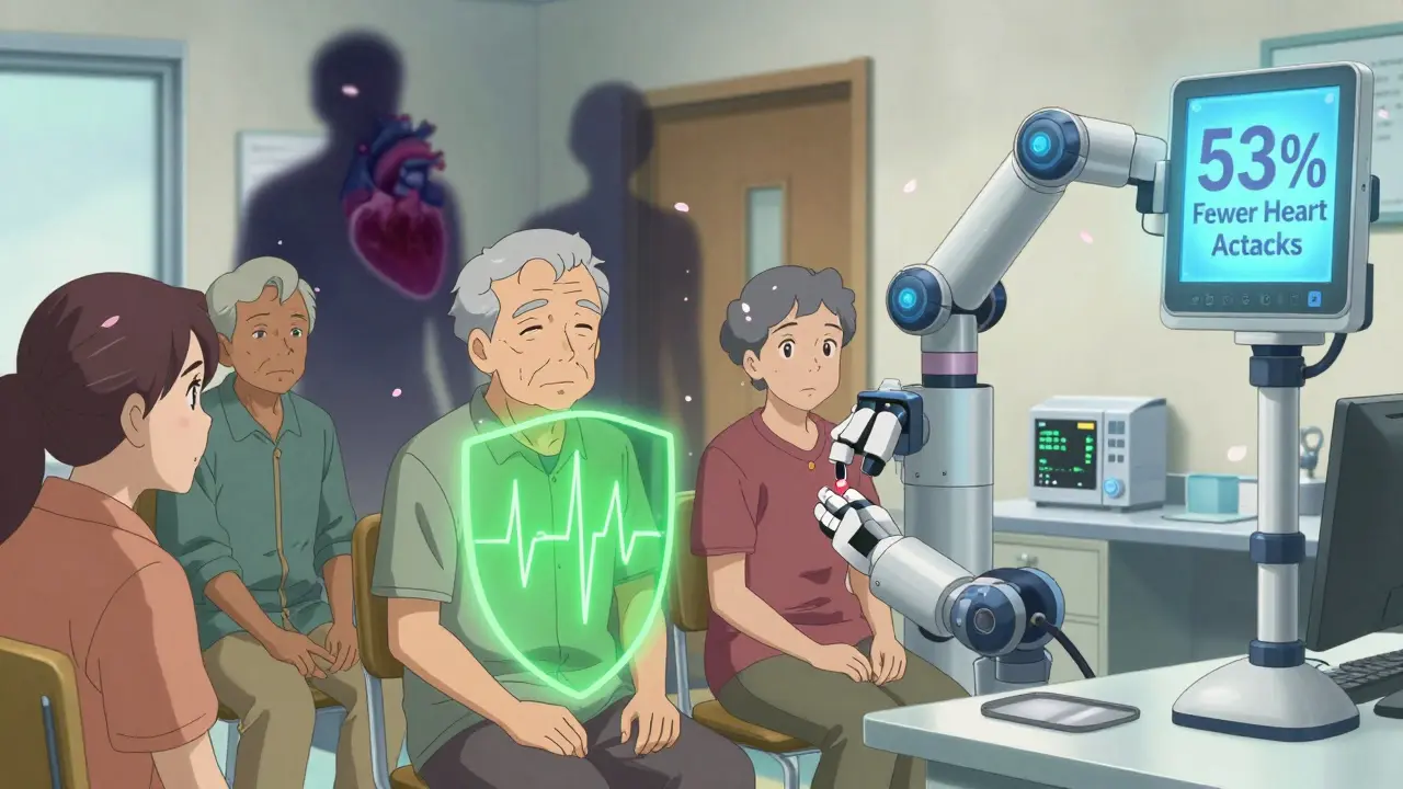 Elderly patients receiving polypills in a clinic as glowing shields protect them from heart attack shadows.