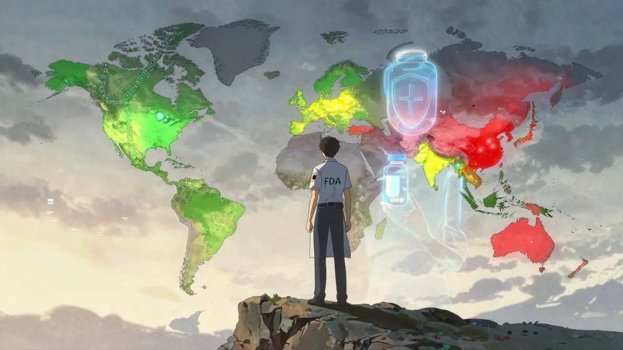 FDA inspector overlooking a global map with red, yellow, and green dots showing drug compliance zones.