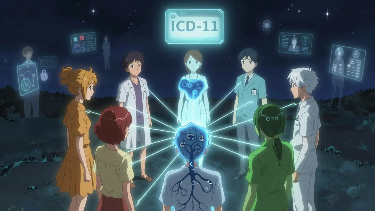 Five people in a circle, each with a colored aura representing their pain type, connected by glowing threads to a medical tree under a starry sky.