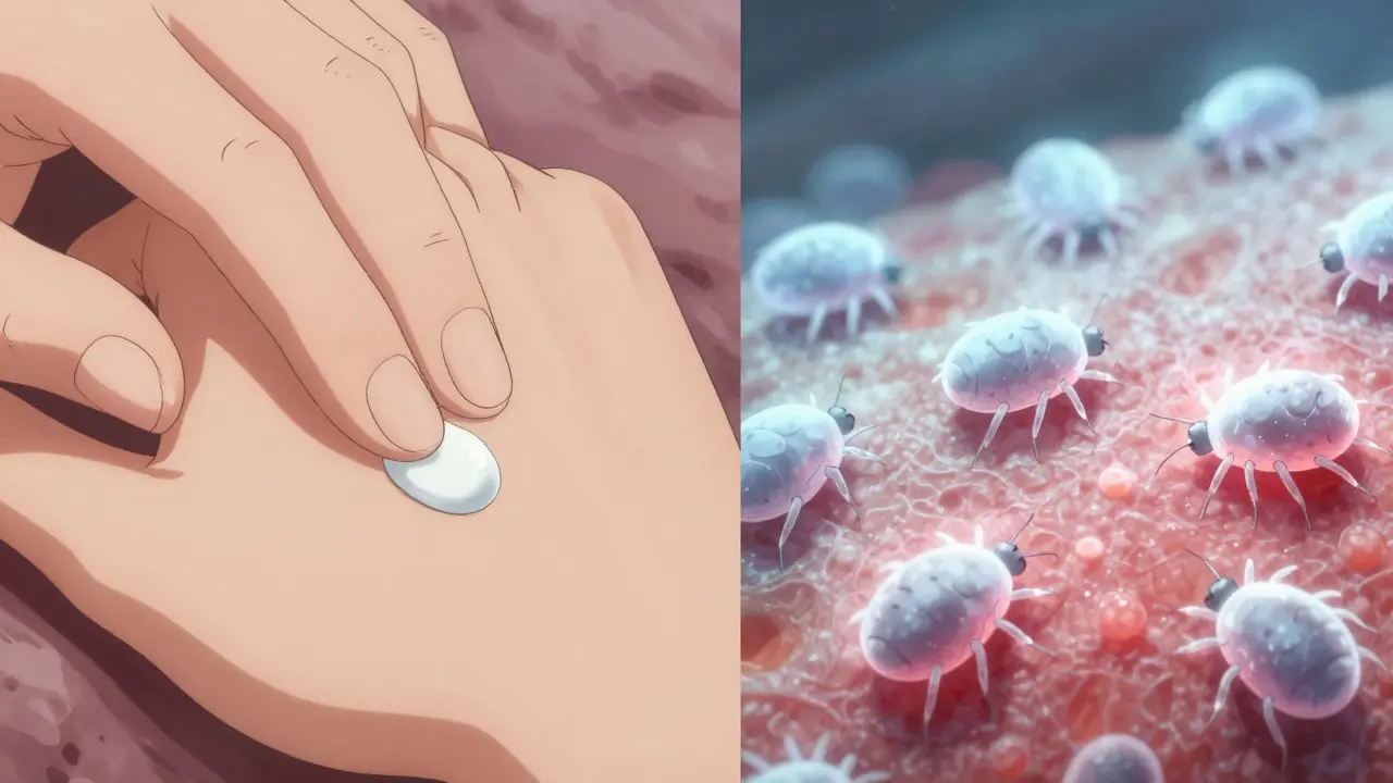 Hand applying ivermectin cream to skin, with microscopic view of mites beneath surface