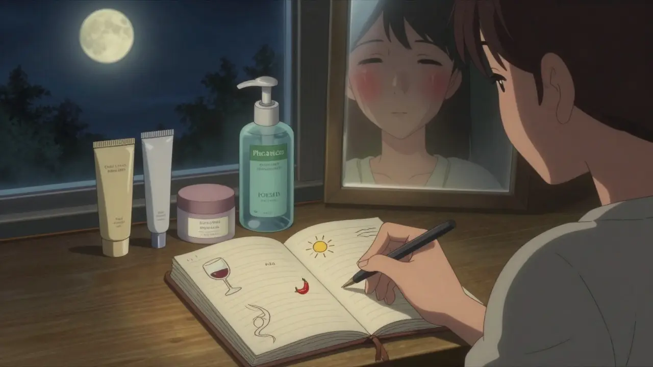 Person writing in diary at night, surrounded by skincare products, redness fading in mirror