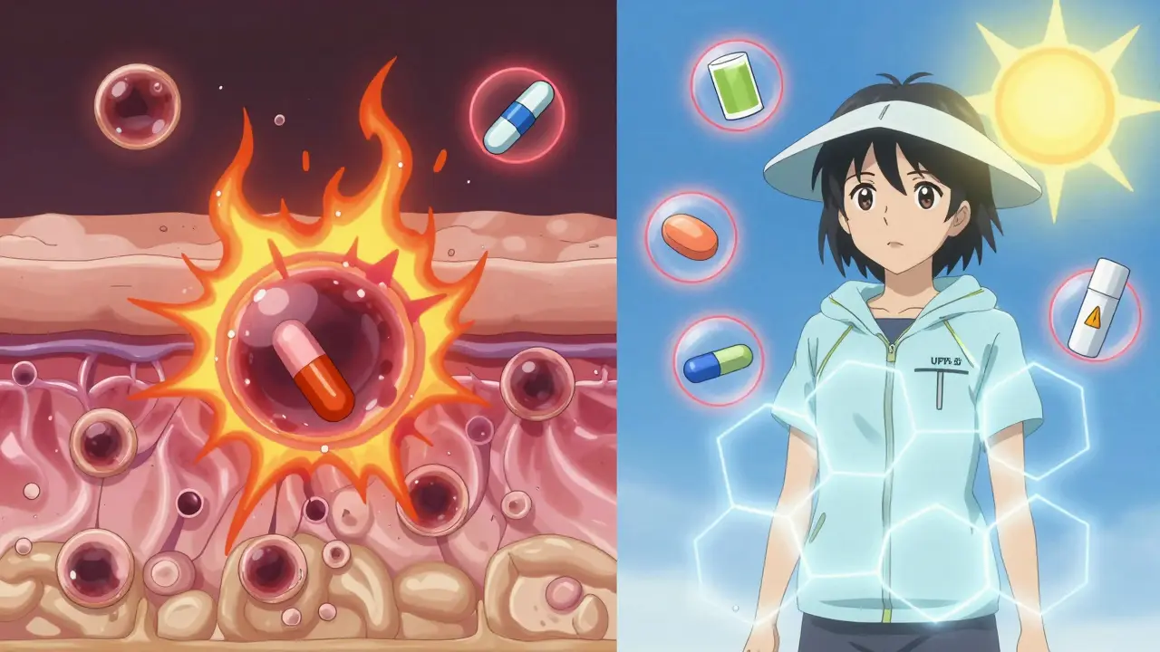 Split illustration showing skin damage from drug-UVA reaction on one side, and protective mineral sunscreen barrier on the other, with warning icons of common photosensitizing drugs.