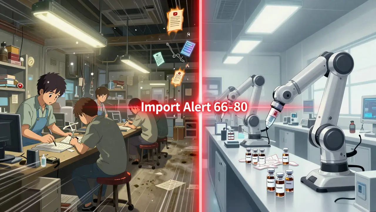 Split scene: chaotic factory forging documents vs. clean U.S. lab, separated by a glowing Import Alert line.