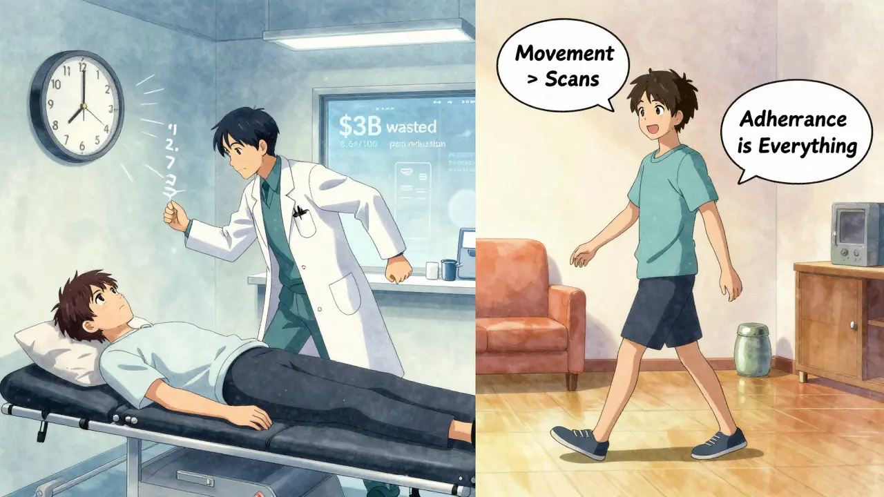 Split scene: rushed doctor visit vs. person exercising at home, with text highlighting movement over scans and cost savings.