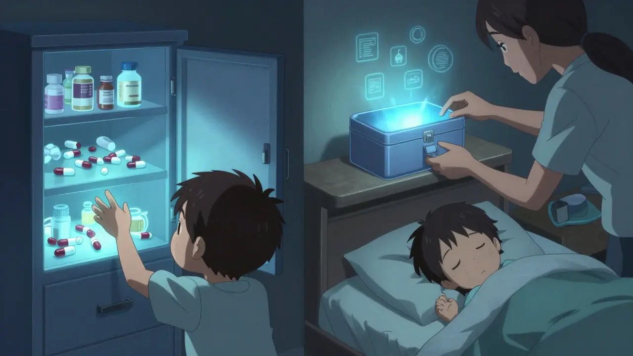 A child safely sleeping while a parent locks away medications, contrasting with a dangerous open cabinet.