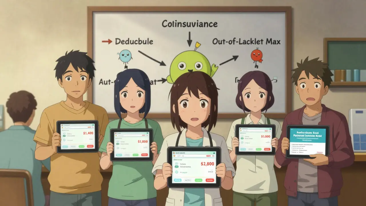 A group of people using tablets to compare medication costs with visual guides showing savings from pharmacy changes.