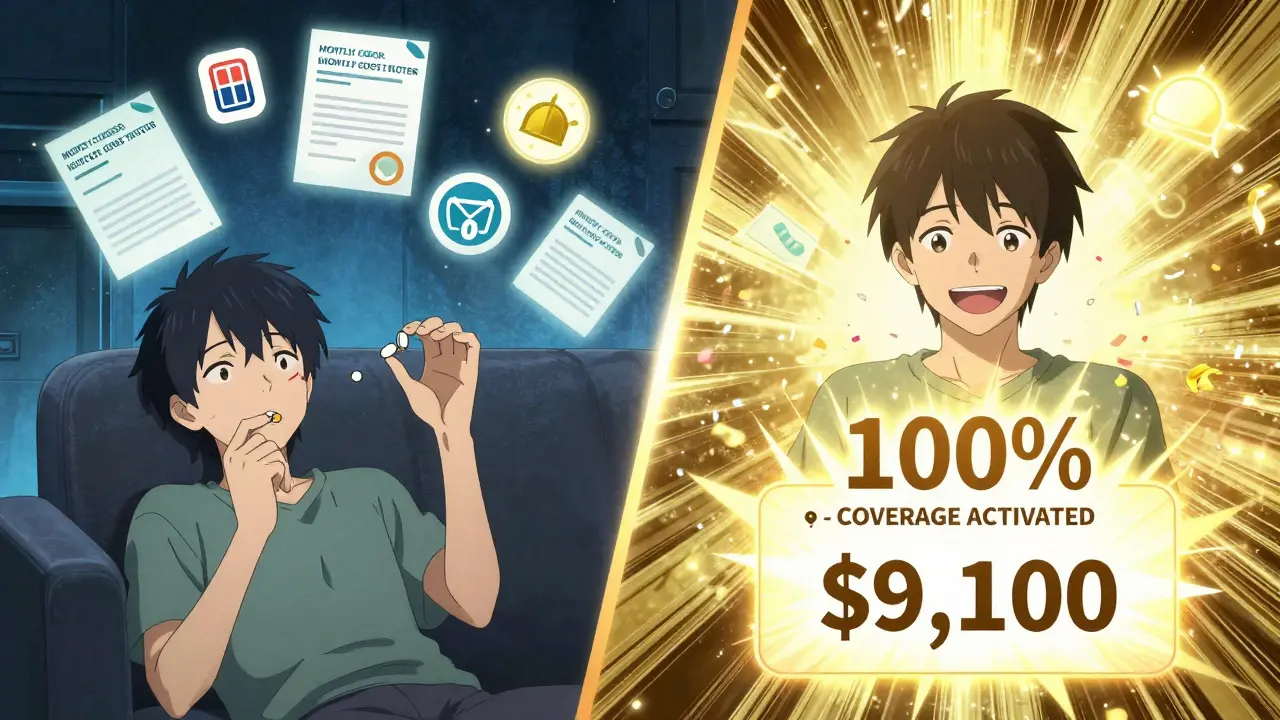 A person celebrating as their out-of-pocket medication costs reach the annual cap, triggering full insurance coverage.