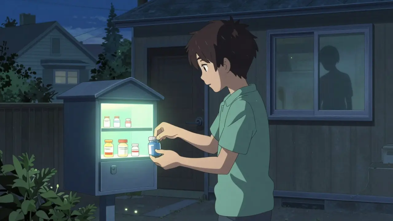 A person dropping medication into a pharmacy take-back bin at dusk, with a shadowy observer nearby.