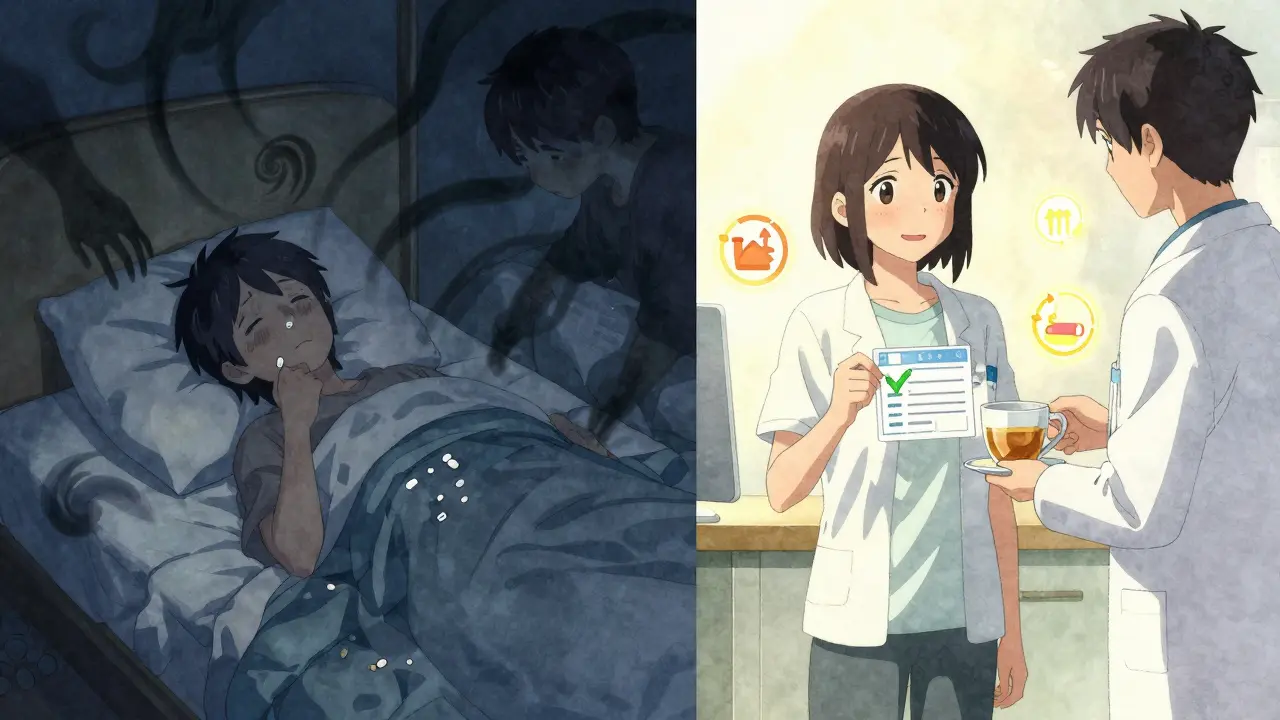 A person transitions from dark emotional shadows to sunlight and hope while holding a new prescription.