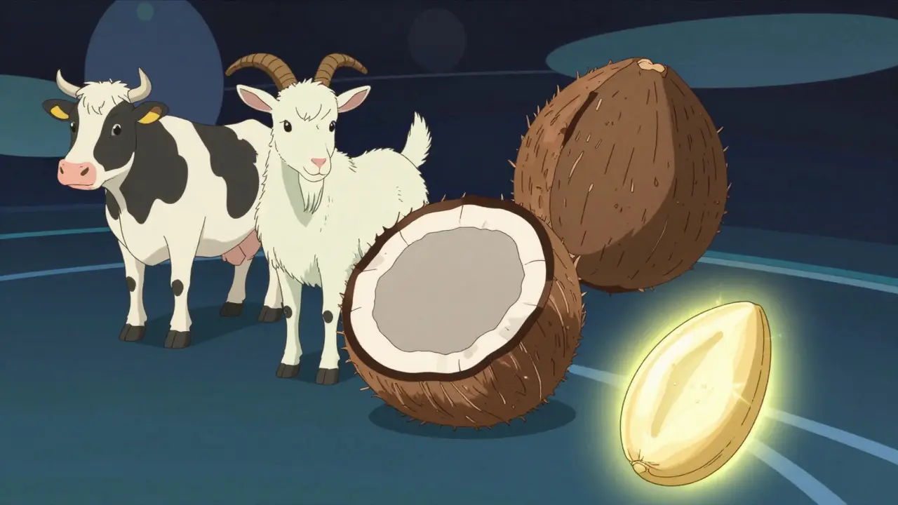 Abstract illustration of milk sources and coconut distinct from tree nuts.