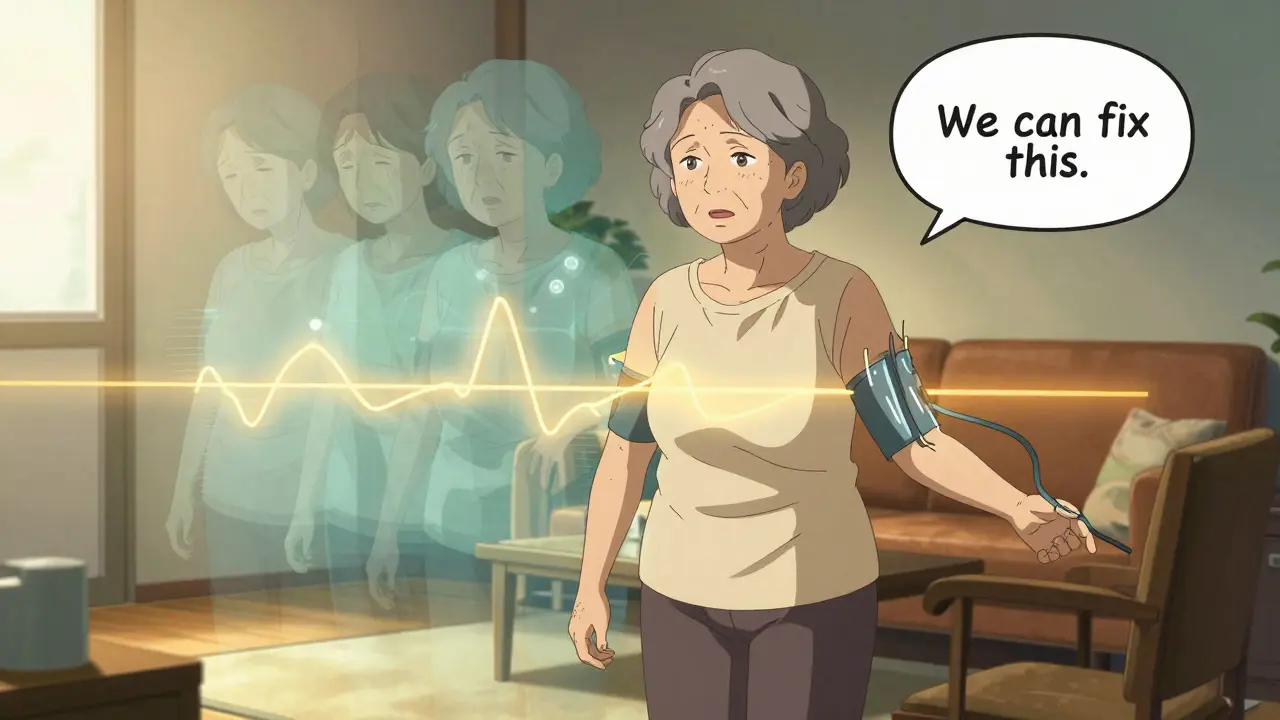 An elderly woman stands steadily as her blood pressure stabilizes, with fading ghosts of her past struggles behind her.