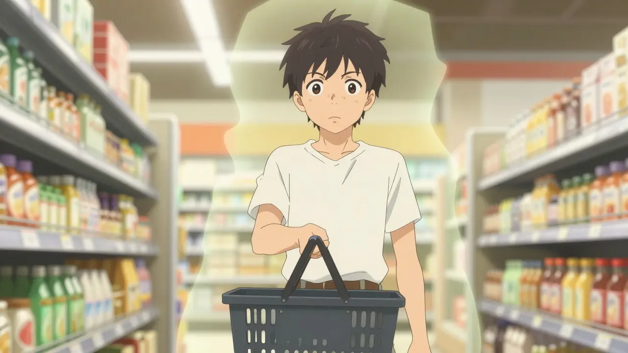 Confident shopper holding basket with protective safety aura in store.