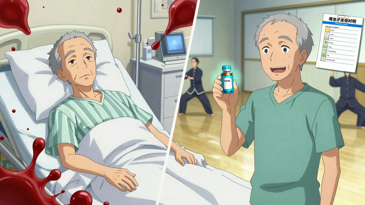 Contrasting images of risky warfarin use versus safe DOAC use with lifestyle improvements like Tai Chi and home safety.