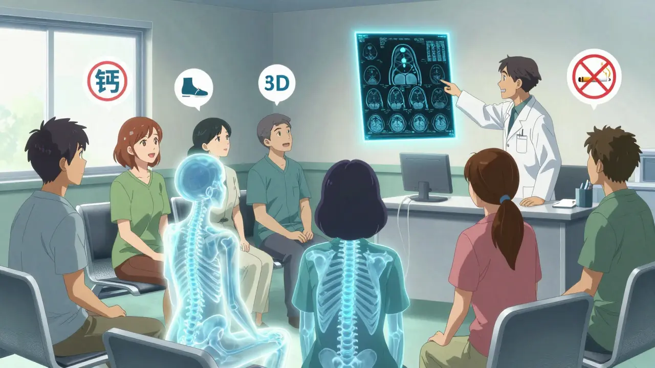 Diverse patients in a clinic with glowing bone density overlays, a doctor pointing to a holographic bone scan.