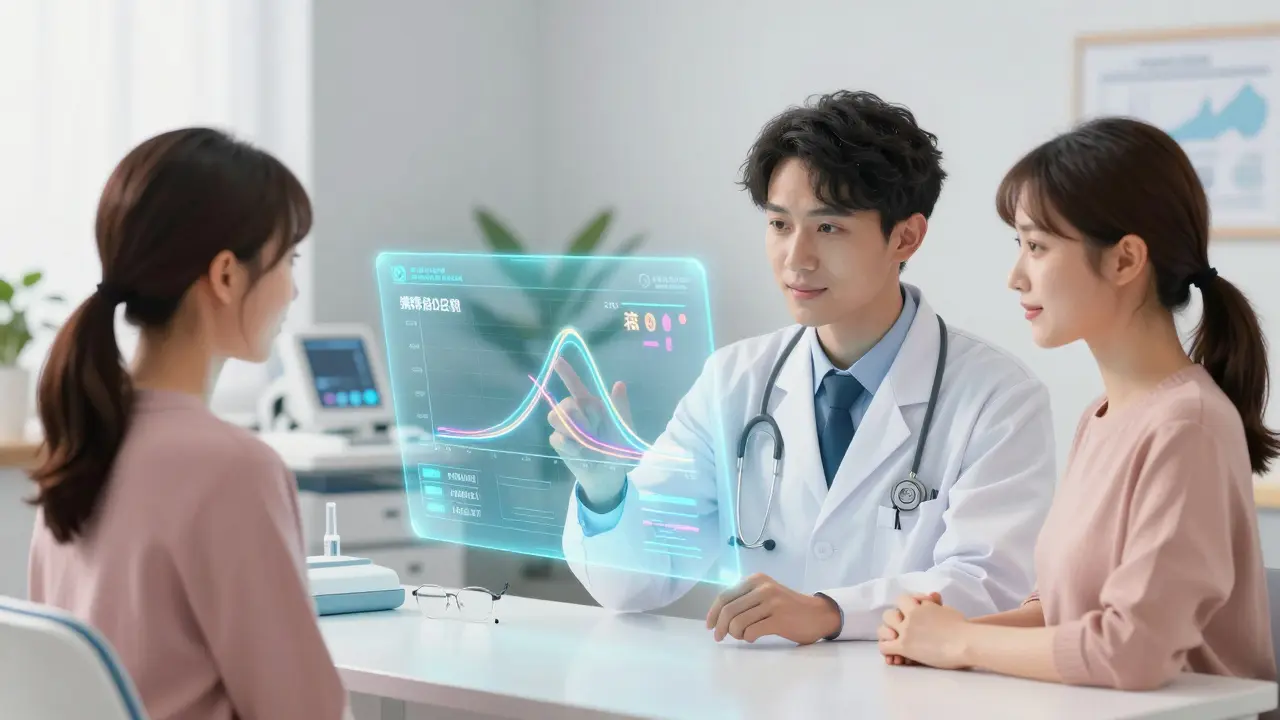 Doctor and patient reviewing holographic dosage data in a clinic office.
