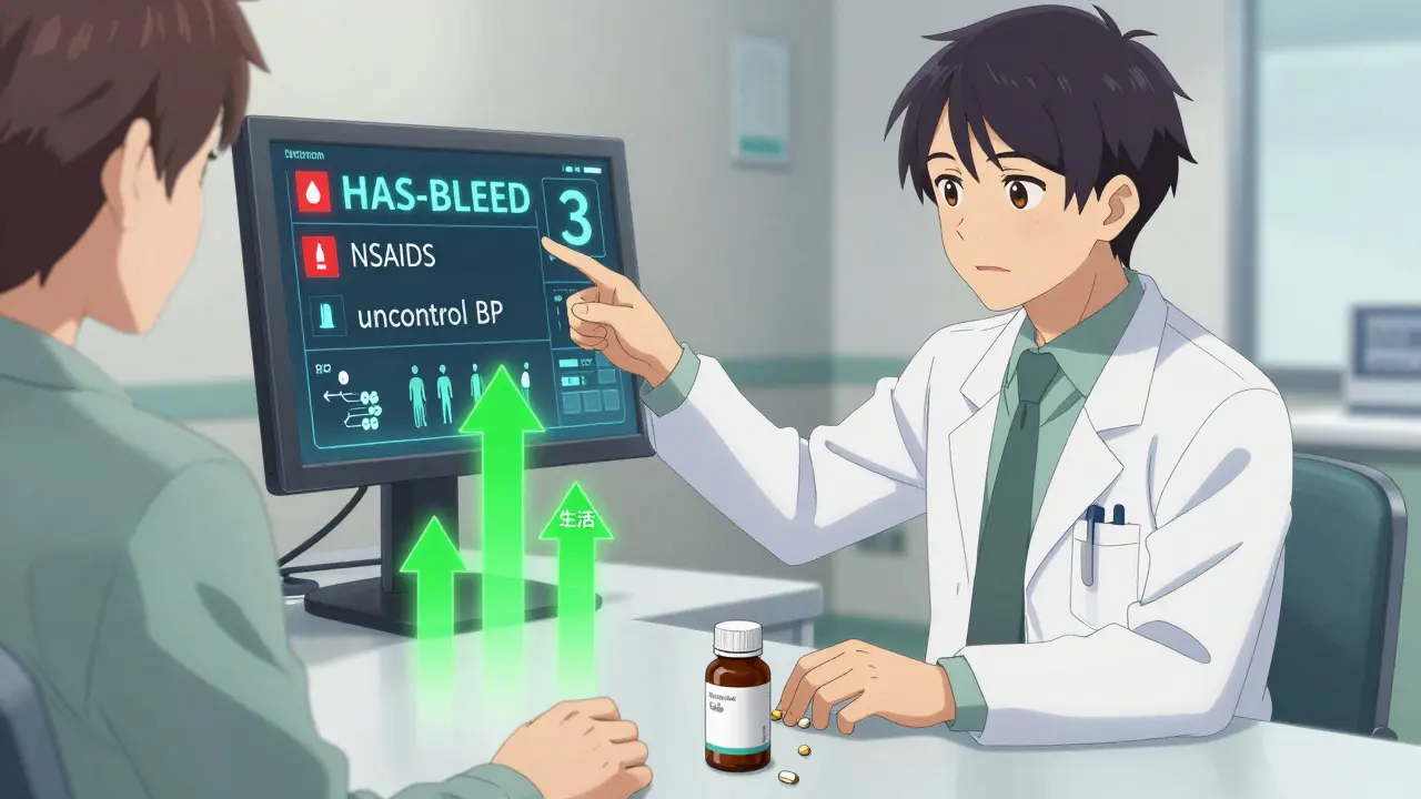 Doctor and patient reviewing medication risks, replacing NSAIDs with safer options and adding fall prevention strategies.