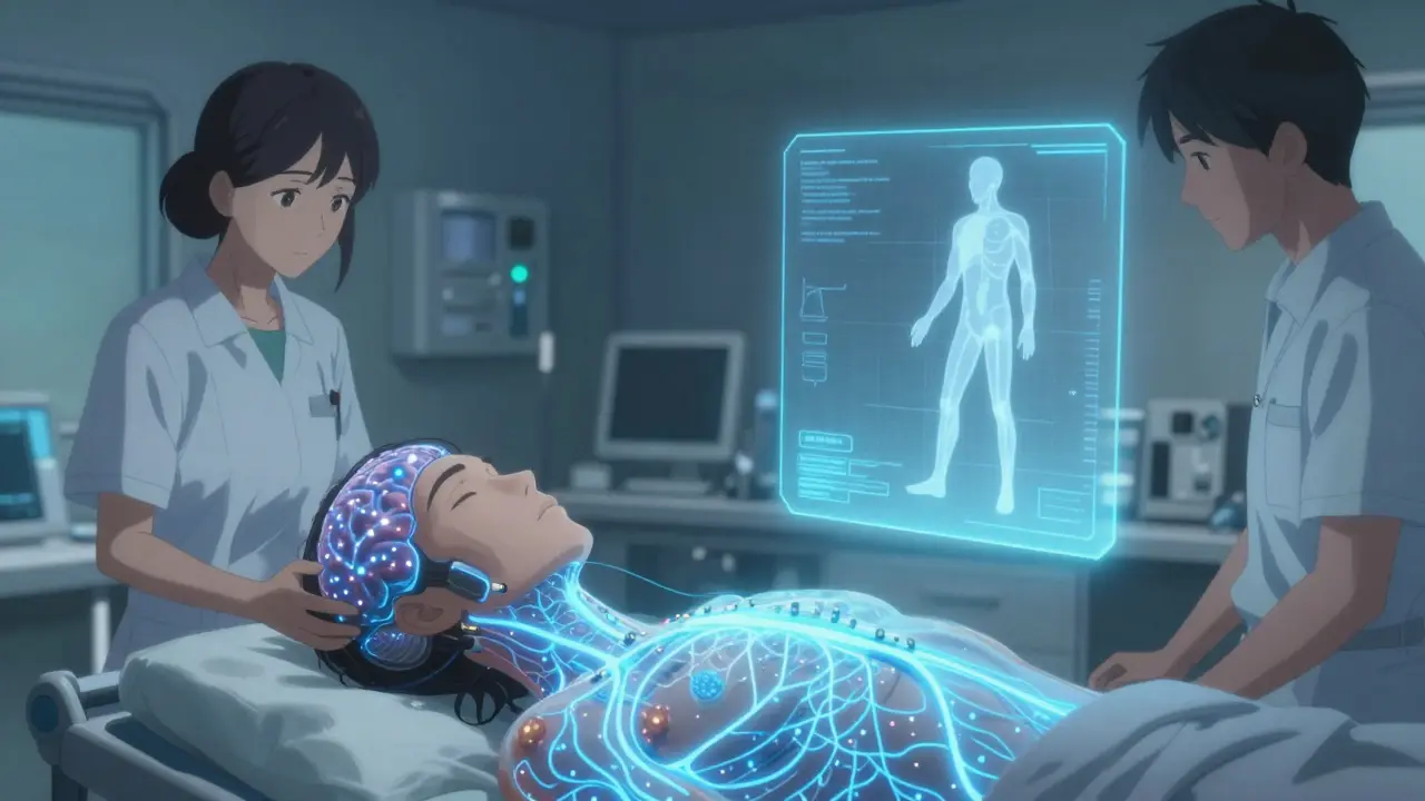 Person undergoing deep brain stimulation, glowing neural pathways in brain, hologram of restored gait, serene clinic with bioluminescent lighting.