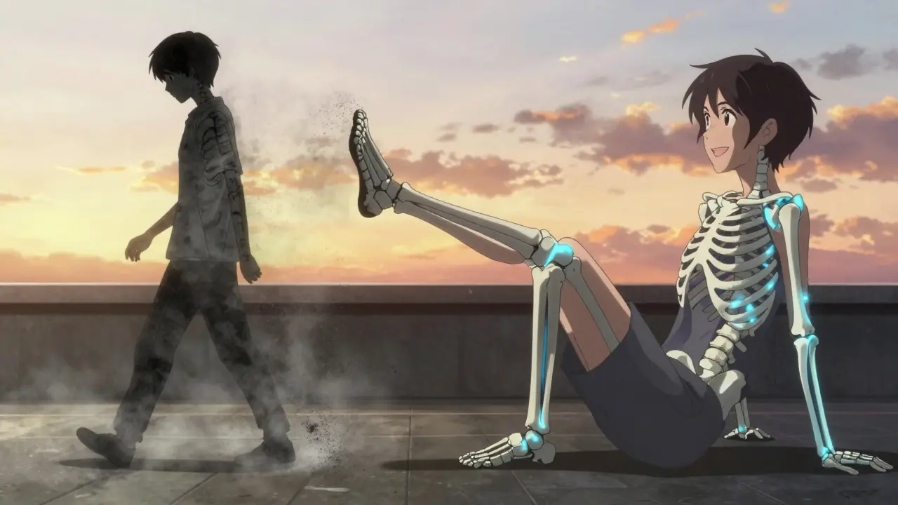 Split scene: one side shows bone decay during steroid use, the other shows bone strength through exercise and movement.