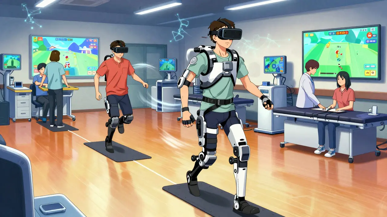 Stroke survivor using robotic therapy device with VR headset