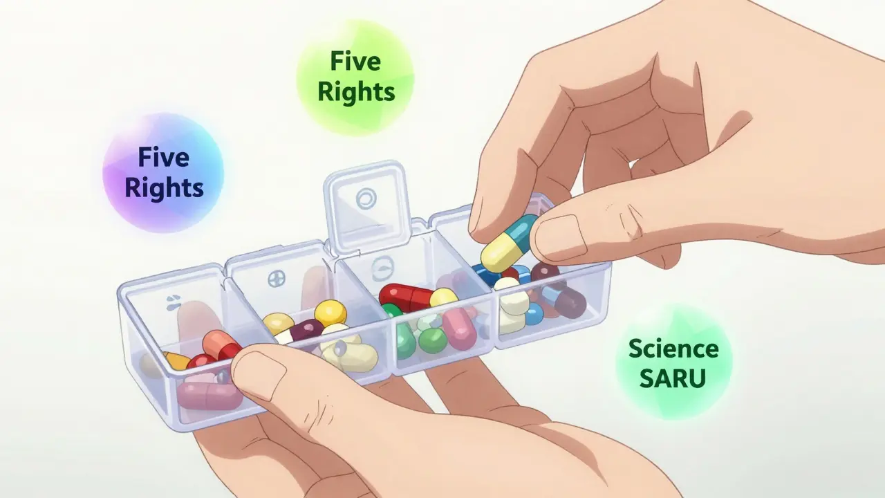 A close-up of a hand organizing colorful pills into a weekly pill organizer in anime style.