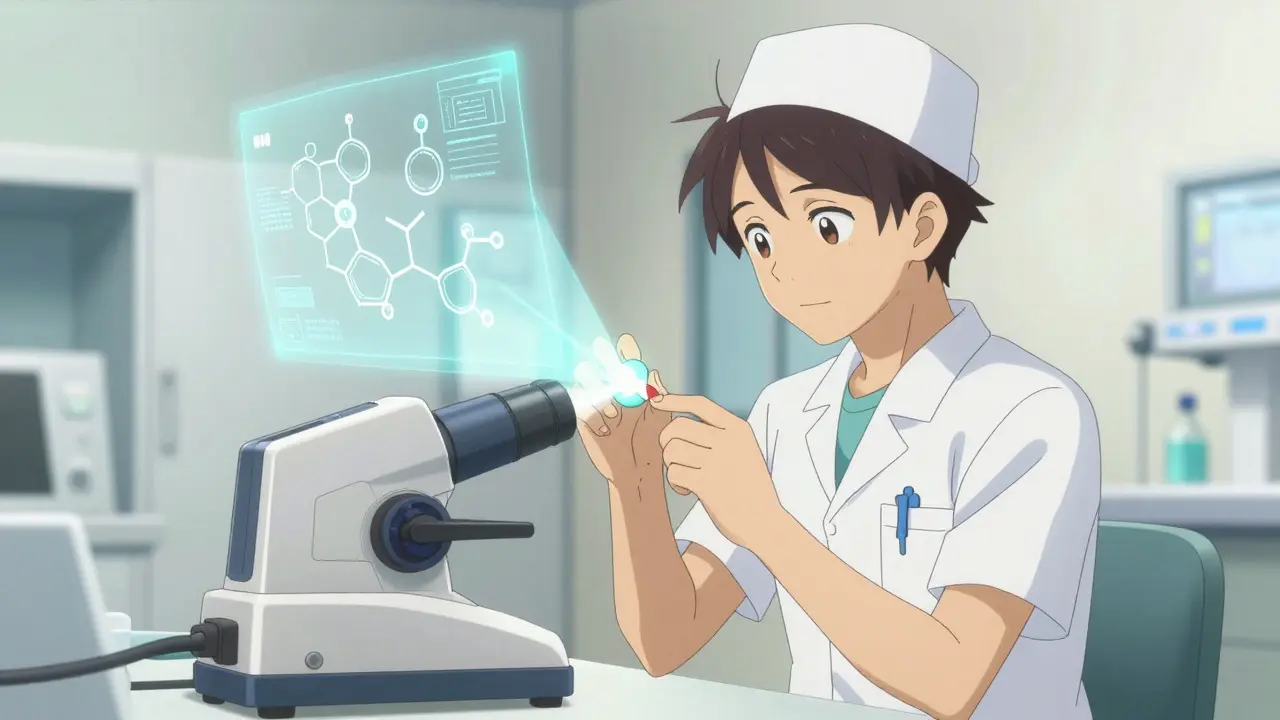 A health worker using a high-tech light device to analyze the chemical composition of a pill.