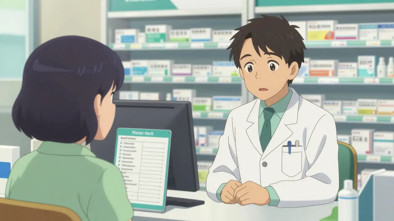 A patient and a pharmacist discussing a medication list in a bright pharmacy in anime style.